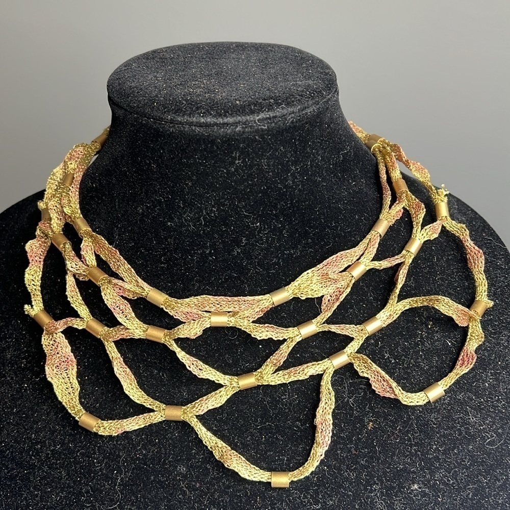Sarah Cavender Metalworks Sculptured Handmade Mesh Knit Brass Necklace
